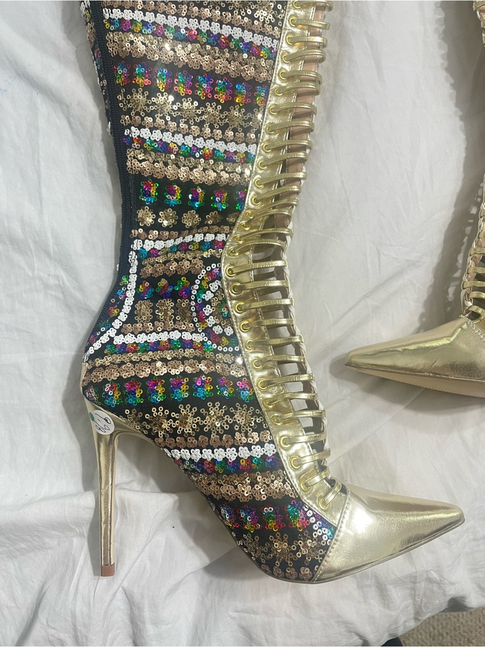 Embellished Gold High-Stiletto Thigh Boots - Multi Sequins - Picture 5 of 10
